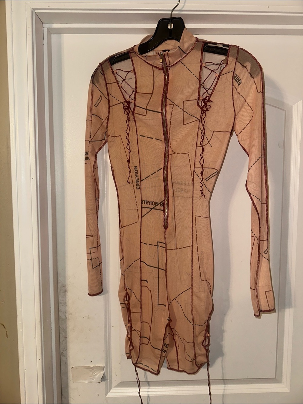 Sheer Beige Mesh jumpsuit with Sewing Pattern Print